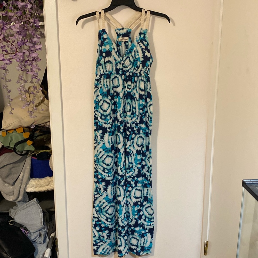 Large blue tie dye maxi dress with padding and rope straps